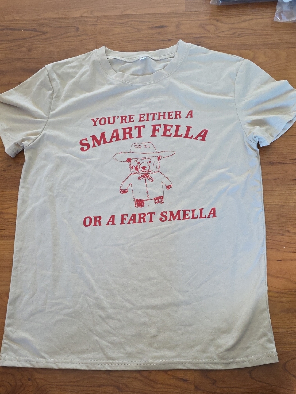 Cream Graphic Tee with Red Bear Slogan Sz M